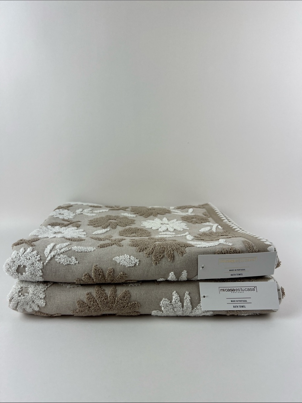Muji Beige and White Floral Embroidered Towels